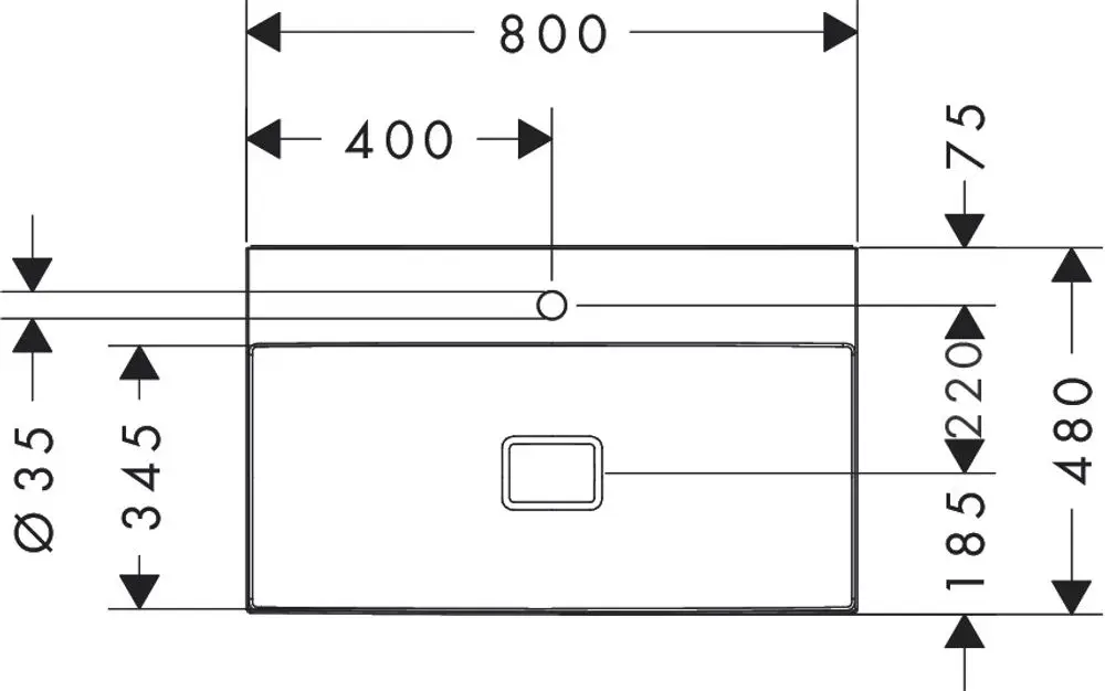 Weißer Waschtisch mit rechteckiger Form, zwei seitlichen Stufen, zentralem Hahnloch und einer kleinen Öffnung. Produkt von Hansgrohe, geeignet für moderne Badezimmergestaltung.